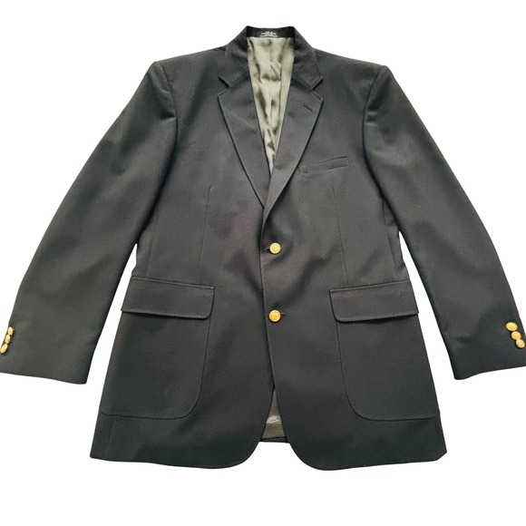 David Taylor Blazer 42L All Black Wool Blend Suit Jacket Gold Button Sport Coat - Picture 2 of 14